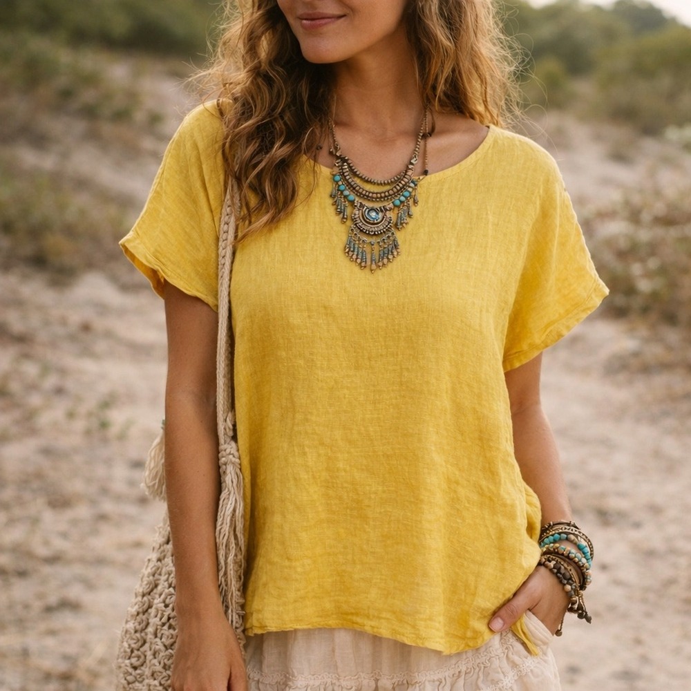 Casual Women's Yellow Linen Short-Sleeve Blouse
